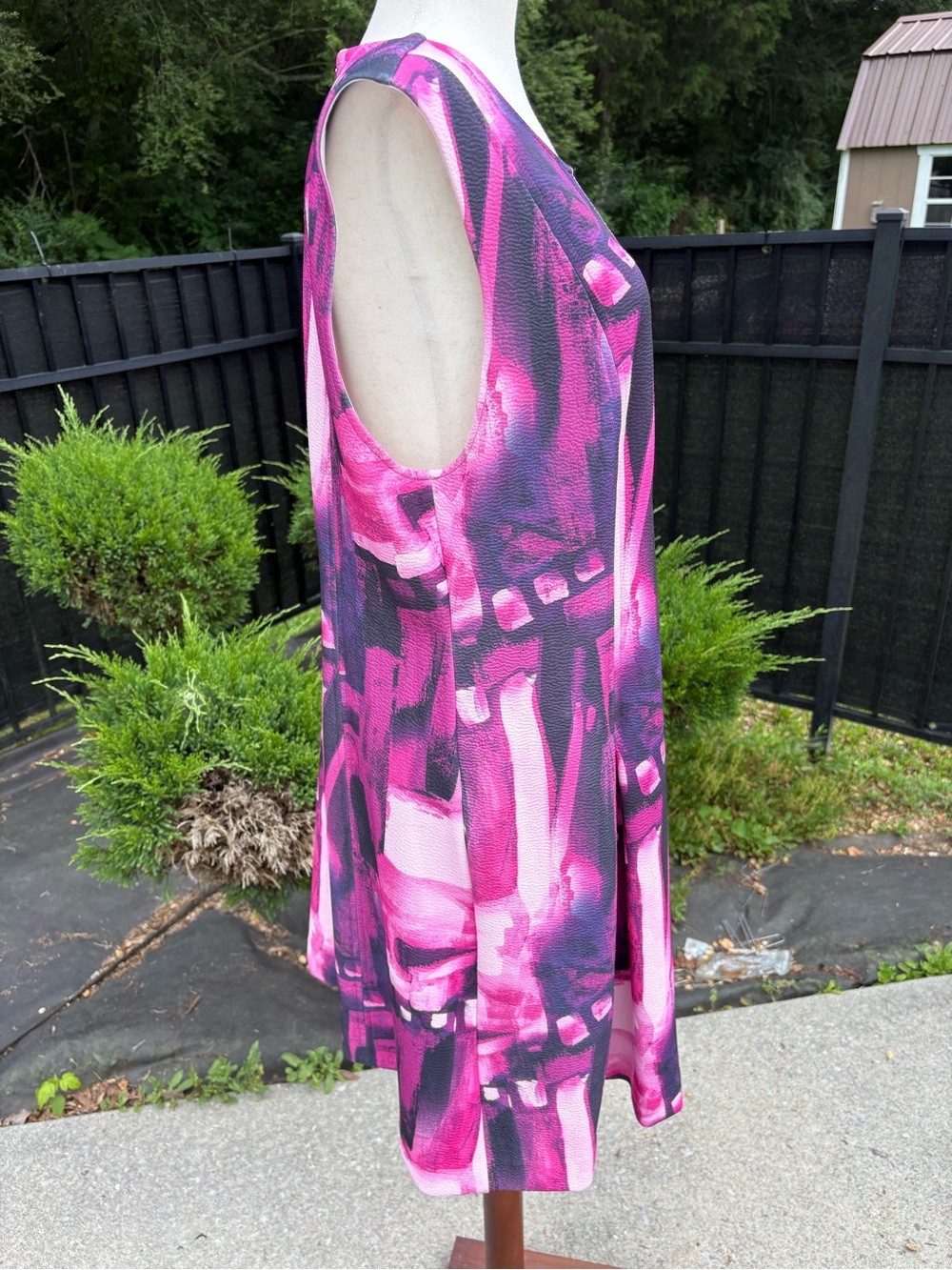 N Natori Brushstroke Pleated Scuba Crepe Mini Dress Magenta Sz 16 - Picture 4 of 7